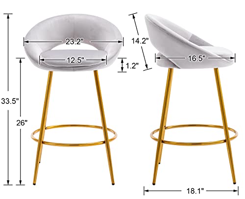 CIMOTA Velvet Grey Bar Stools Set of 2 Modern Barstools 26 Inch Counter Stool Chairs with Open Back/Gold Base Kitchen Stools for Island/Home Bar/Dining Room/Kitchen