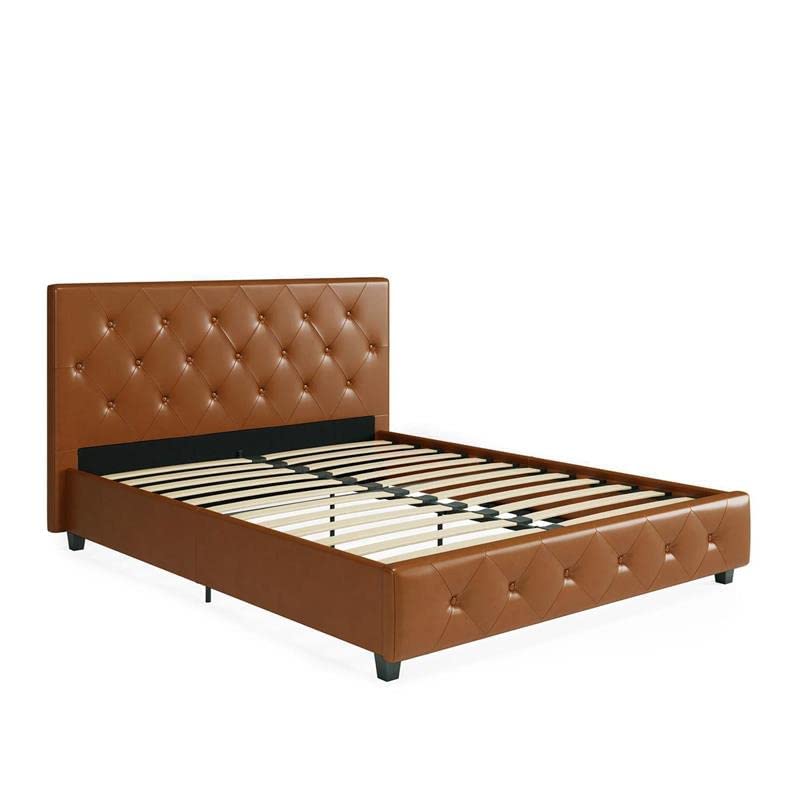 DHP Dakota Upholstered Platform Bed with Diamond Button Tufted Headboard and Footboard, No Box Spring Needed, Full, Camel Faux Leather