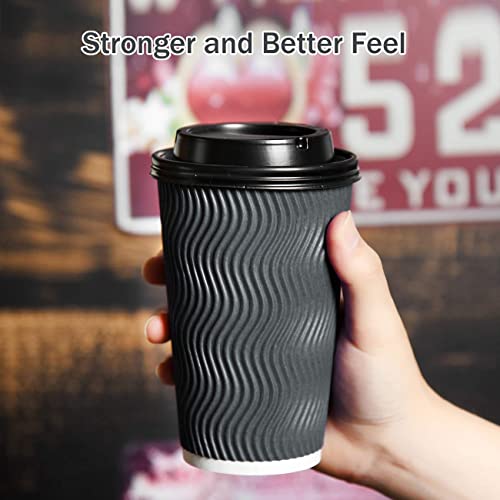 Disposable Coffee Cups with Lids and Straws - 16 oz (90 Set) Togo Hot Paper Coffee Cup with Lid To Go for Beverages Espresso Tea Insulated Reusable Cold Drinks Ripple Cups Protect Fingers From Heating