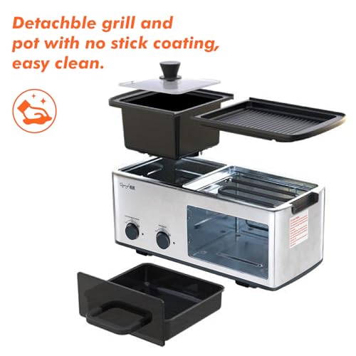 4 in 1 Breakfast Maker Station with Indoor Grill/Griddle/Toast Drawer/Frying Basket, Removable Nonstick Plates, Dual Temperature Control, Silver
