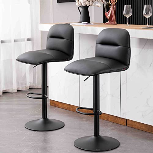 YOUTASTE Black Bar Stools Set of 2 PU Leather Upholstered Counter Height Barstools Adjustable 360 Swivel Metal Thickened High Back Bar Chairs Kitchen Island Stools