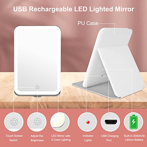 Flymiro Lighted Makeup Vanity Mirror with 72 LED Lights, Portable Travel Mirror with 3 Colors Lighting, Dimmable Touch Screen,USB Rechargeable,Tabletop Desk Foldable Cosmetic Mirror with Lights