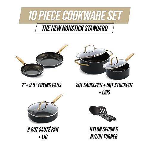 Blue Diamond Gold 10 Piece Cookware Set,Ceramic Nonstick, PFOA Free, Induction Suitable, Dishwasher Safe, Gold Handle, Black
