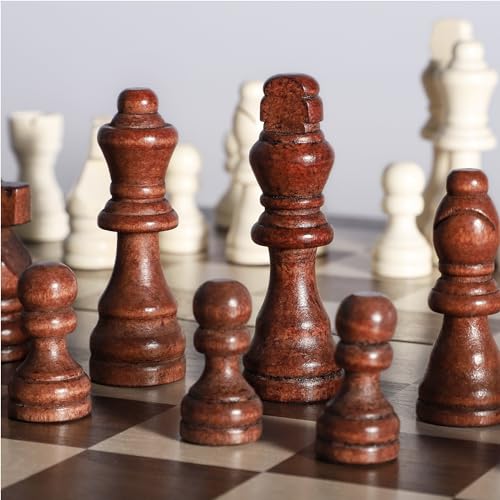 DAWEN LONE 15" Chess Set,Chess Board,Magnetic Wooden Chess Board,Augment 2 Queen,Folding Board Individual Piece Storage Slot and Storage Bag,Suitable for Beginners All Chess Lovers