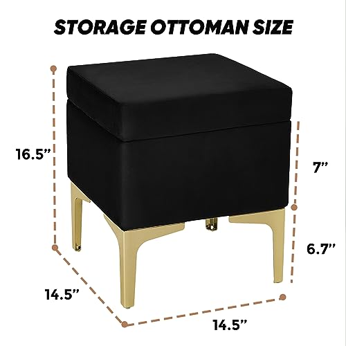 HOUCHICS SquareStorage Ottoman,Soft Footstool with Metal Legs,Black Ottoman Foot Rest for Living Room,Bed Room