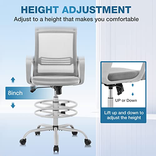 Drafting Chair Standing Desk Chair Tall Office Chair Counter Height Office Chairs with Armrests High-Density Sponge Thicker Seat for Bar Height Desk, Light Grey