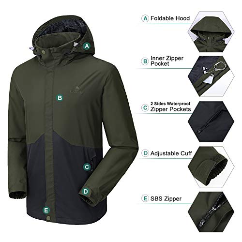 CAMEL CROWN Mens Waterproof Jacket Hooded Windbreaker Windproof Rain Coat Shell for Outdoor Hiking Climbing Traveling (Army Green, L)