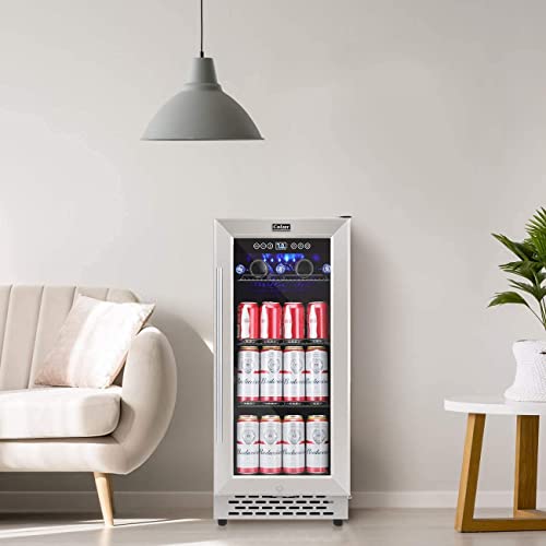 COLZER 15 inch Beverage Refrigerator with Glass Door 126 Cans Mini Beverage Cooler Under Counter Freestanding Built in Centre Garage Fridge with Lock for Drink Beer Soda Wine Water