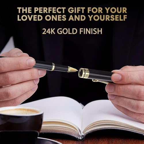 Miscoos Luxury Pen Fancy Rollerball Pens Smooth Writing Nice Pens for Men & Women 24K Gold Finish Gift Pen Set for Office, Graduation, Professional Executive Pens with Schmidt Black Refill