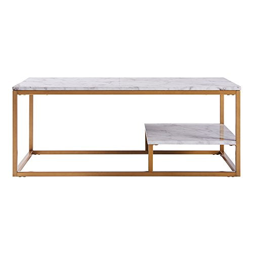 Teamson Home Marmo Faux Marble Modern Rectangle Coffee End Table with Storage Shelf and Easy-Clean Surface for Living and Dining Room Home Office, 16 Inch Height, Brass