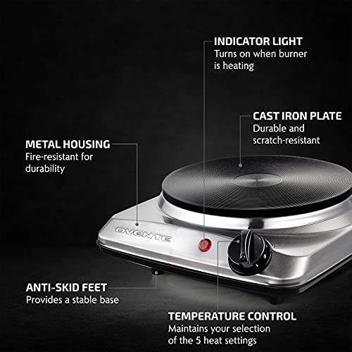 OVENTE Electric Countertop Single Burner, 1000W Cooktop with 7.25 Inch Cast Iron Hot Plate, 5 Level Temperature Controls, Compact Cooking Stove and Easy to Clean Stainless Steel Base, Silver BGS101S