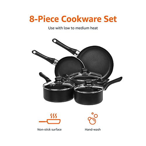 Amazon Basics Non-Stick Cookware Set, Pots and Pans, 8-Piece Set, Black