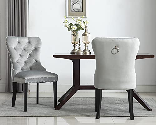 CIMOTA Velvet Dining Chairs Set of 4, Modern Tufted Dining Room Chairs with Nailhead Trim Upholstered Armless Side Chair with Solid Wood for Kitchen/Dining Room/Bedroom (Light Grey, Ring on The Back)