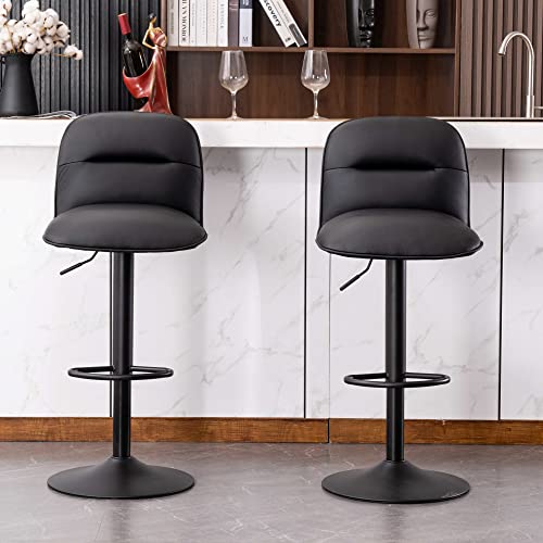 YOUTASTE Black Bar Stools Set of 2 PU Leather Upholstered Counter Height Barstools Adjustable 360 Swivel Metal Thickened High Back Bar Chairs Kitchen Island Stools