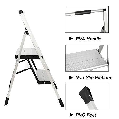 Topfun 3 Step Ladder, Lightweight Aluminum Folding Step Stool, Multi-Use Non-Slip Wide Platform Ultra-Light Sturdy Ladder, 225lbs Capacity, Fully Assembled for Household and Office