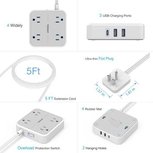 Flat Plug Power Strip, TESSAN 5 ft Ultra Thin Extension Cord with 3 USB Wall Charger(1 USB C Port), 4 Outlets Slim Desk Charging Station Compact for Travel, Office, School, Dorm Room Essentials