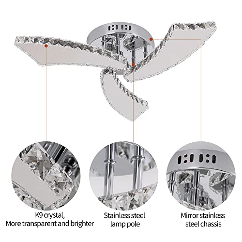 Deckrico Crystal Chandelier Modern 3-Light LED Ceiling Lamp Flush Mount Ceiling Light Fixture for Foyer Living Room Dining Room Bedroom Hallway (Cool White)
