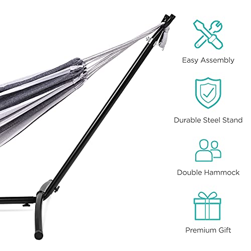 Best Choice Products 2-Person Double Hammock with Stand Set, Indoor Outdoor Brazilian-Style Cotton Bed for Backyard, Camping, Patio w/Carrying Bag, Steel Stand, 450lb Weight Capacity - Steel