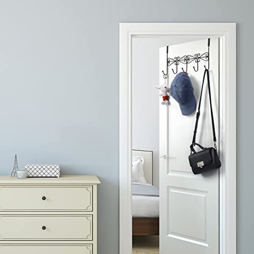 5 Pack Over The Door Hooks Hanger, Over The Door Towel Rack Coat Rack with 5 Hooks, Metal Hanging Organizer for Clothes Coat Hat Towel Bedroom Bathroom, Black