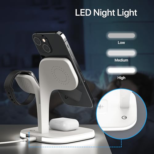 EXW for Magsafe Charger Stand,Charging Station for Multiple Devices,Wireless Charger for iPhone 15/14/13/12 Series,Apple Watch Series 1-9/Ultra,AirPods Pro with LED and Adapter (White)