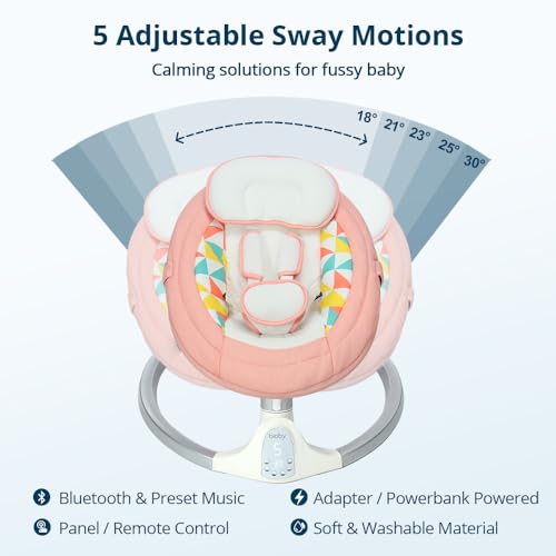 Bioby Electric Baby Swing for Infants, Portable Baby Swing for Newborn Boy Girls with 5 Swing Speeds, Bluetooth Touch Screen/Remote Control, Baby Rocker Chair with Music Speaker 5 Point Harness Pink