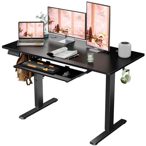 Sweetcrispy Standing Desk with Pull Out Keyboard Tray-48 in Electric Standing Desk, Height Adjustable Stand Up Desk for Home Office, Sit Stand Desk Stable Computer Rising Desk, 2 Storage Hooks, Black