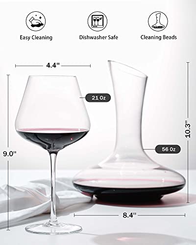 JBHO Full Bottle Wine Decanter with 2pcs Red Wine Glasses and Cleaning Beads, 21 oz Burgundy Wine Glasses, 56 oz Wine Carafe Aerator and Glasses Set, Wine Decanter and Glass Set