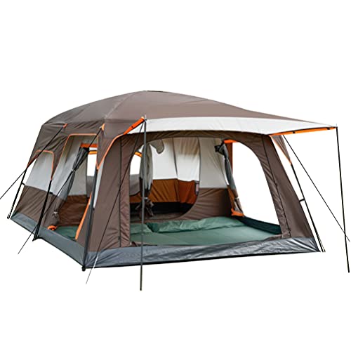 KTT Extra Large Tent 10-12 Person(B), Cabin Tents with 2 Rooms, Straight Wall, 3 Doors and 3 Windows with Mesh, Waterproof, Double Layer - Big for Outdoor Camping, Picnic, Family Gathering (Brown).