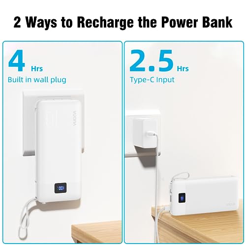 ANOUV Portable Charger with Built-in Cables&AC Wall Plug,10000mAh Power Bank,PD 22.5W USB-C Fast Charging External Battery Pack with LED Display Compatible with iPhones and All Smart Device(2 Pack)