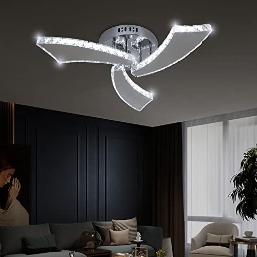 Deckrico Crystal Chandelier Modern 3-Light LED Ceiling Lamp Flush Mount Ceiling Light Fixture for Foyer Living Room Dining Room Bedroom Hallway (Cool White)