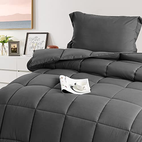 BEDHOURS Queen Comforter Set-3 Pieces Down Alternative Queen Size-All Season Reversible Comforter with 2 Pillow Shams-Corner Tabs Machine Washable (Dark Grey Queen)