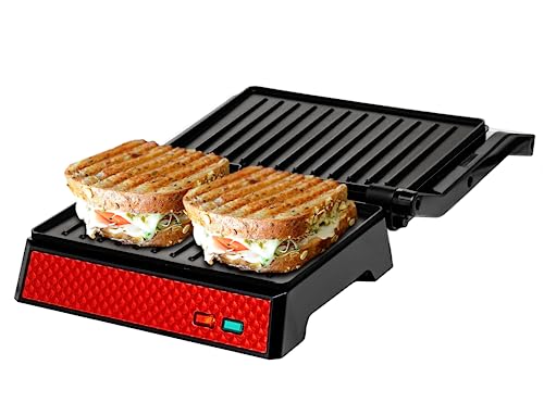 OVENTE Electric Indoor Panini Press Grill and Sandwich Maker with Non-Stick Coated Plates, Opens 180 Degrees to Fit Any Type or Size Food, Temperature Control and Removable Drip Tray, Red GP0540R