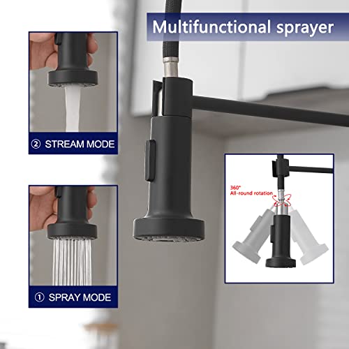 VOTON Kitchen Faucets with Pull Out Sprayer Commercial Spring Kitchen Sink Faucet Matte Black Single Handle Kitchen faucets with Deck Plate