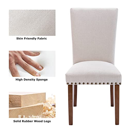 COLAMY Upholstered Parsons Dining Chairs Set of 2, Fabric Dining Room Kitchen Side Chair with Nailhead Trim and Wood Legs - Beige