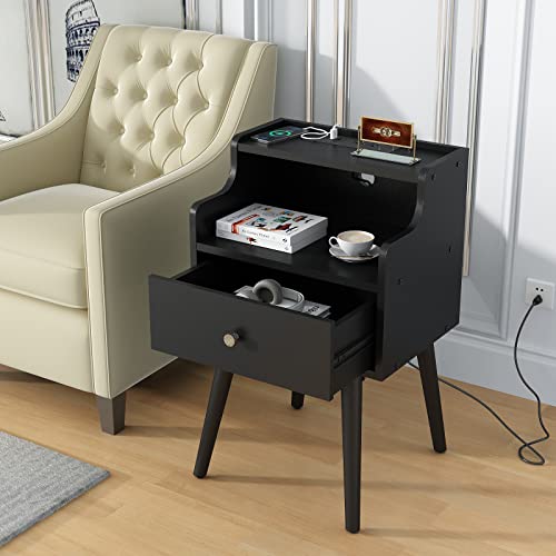 Nightstand with Drawer, Side Table with Charging Station, Mid-Century Modern End Table, 2-Tiers Storage Space Bedside Table with Solid Wood Legs, Black Night Stand for Living Room, Bedroom