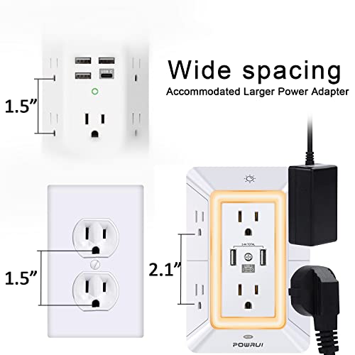 Multi Plug Outlet Surge Protector - POWRUI 6 Outlet Extender with 3 USB Ports (1 USB C) and Night Light, 3-Sided Power Strip with Adapter Spaced Outlets - White,ETL Listed