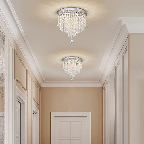 DSLITING Crystal Chandelier Ceiling Light Fixture Modern LED Chandelier 15.7'' Crystal Ceiling Light Small Flush Mount Chandelier Light Fixture for Bedroom Kitchen Dinning Room Living Room Chandelier