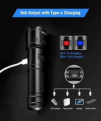JAY-PARK Flashlights High Lumens Rechargeable, 100000 Lumen Super Bright LED Flashlight Powerful, Handheld USB-C Flashlights Zoomable, High Power Tactical Flash Light for Emergencies, Camping, Daily
