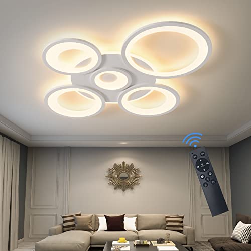 Modern LED Ceiling Light 80W Dimmable LED Acrylic Ceiling Lamp with Remote Control 5 Rings Flush Mount Ceiling Light White LED Chandelier Lighting for Living Room Dining Room Bedroom Kitchen…
