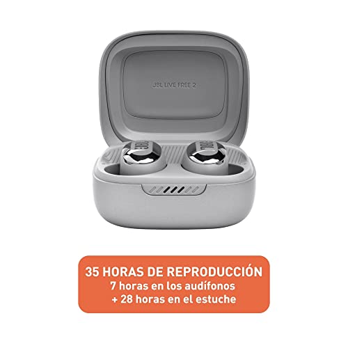 JBL Live Free 2: 35 Hours of Playtime, True Adaptive Noise Cancelling, Smart Ambient, and beamforming mics (Silver), Small