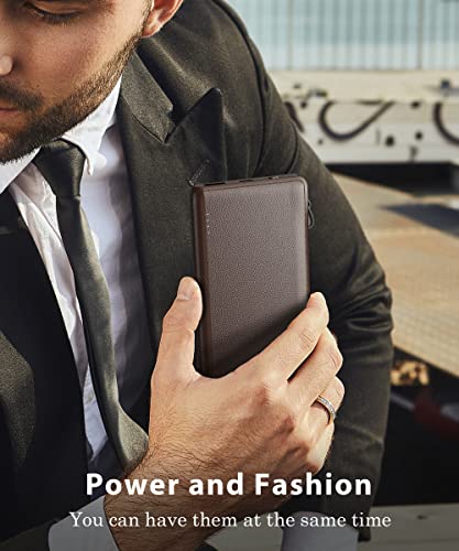 10000mAh Built in Cables Power Bank, 10000 Built in TYPE C Cords External Portable Battery Charger for Cell Phone,Type C (Input & Output) Battery Pack Compatible with iPhone and Samsung, Deep Brown