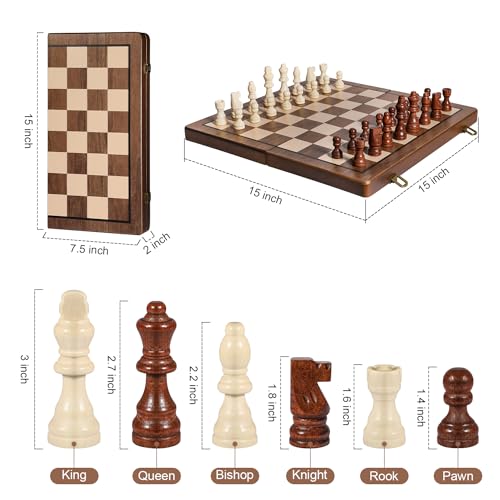 DAWEN LONE 15" Chess Set,Chess Board,Magnetic Wooden Chess Board,Augment 2 Queen,Folding Board Individual Piece Storage Slot and Storage Bag,Suitable for Beginners All Chess Lovers
