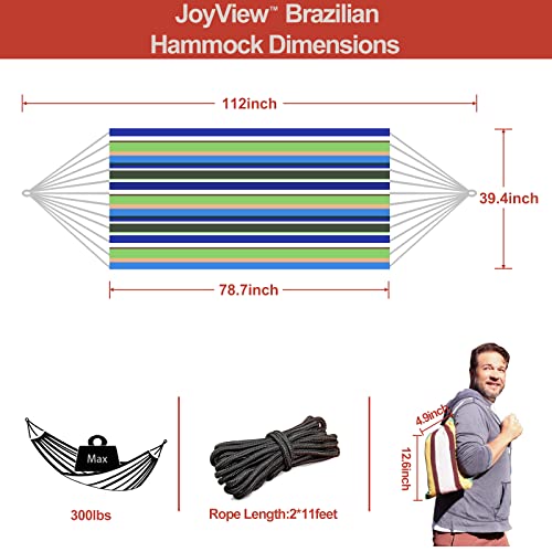 JoyView Brazilian Hammock for Single Preson Portable Hammock with Hanging Ropes & Carry Bag Large 78.8x39.4” Cotton Hammock for Patio 300LBS Capacity Perfect for Outdoor/Indoor - Blue & Green Stripes