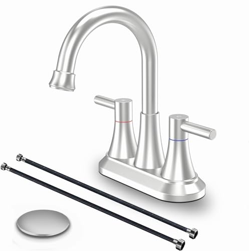 Bathroom Faucets for Sink, Gomylifer Bathroom Sink Faucet 2 Handle,4 Inch Centerset Sink Faucet with Pop Up Drain and Supply Hoses,Stainless Steel 360 Swivel Spout, Lead-Free, Brushed Nickel