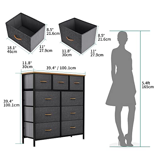 YITAHOME Dresser with 9 Drawers - Fabric Storage Tower, Organizer Unit for Bedroom, Living Room, Hallway, Closets & Nursery - Sturdy Steel Frame, Wooden Top & Easy Pull Fabric Bins (Dark Grey)
