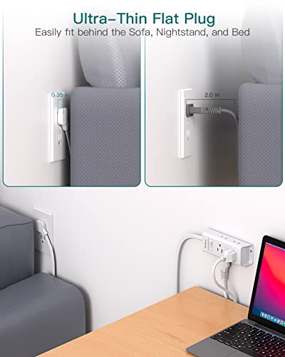 Flat Extension Cord - Addtam 5 ft Ultra Flat Plug Power Strip with 6 Outlets Extender, No Surge Protector for Cruise Ship, Travel, Dorm Room Essentials(2 Pack)