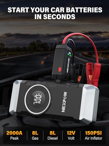 NEXPOW Car Battery Jump Starter 2000A Peak with Air Compressor,12V 150PSI Portable Jumpstart Box for Up to 8L Gas 8L Diesel Engine, PD18W Quick Charging, Force Start Button