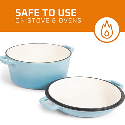 Bruntmor 2-in-1 Enamel Cast Iron Dutch Oven With Handles - Crock Pot Sky Blue Cast Iron pot with Skillet lid - All-in-One Cookware Braising Pan for Casserole Dish - 5 Quart, Sky Blue