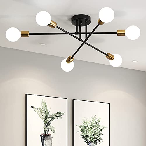 Biewalk Mid Century Sputnik Chandelier Light Fixture Semi Flush Mount Ceiling Light Black for Living Room, Kitchen, Bedroom, Dining Room (6 Light)