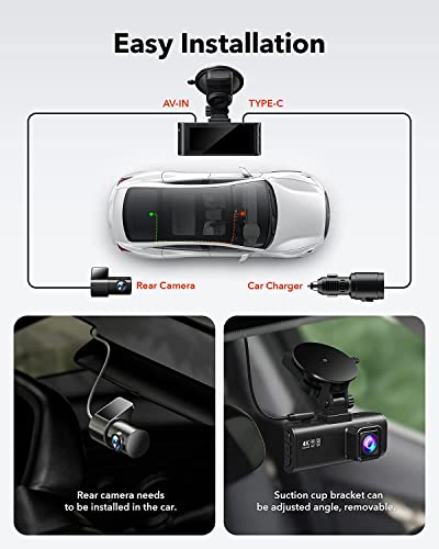 REDTIGER Dash Cam Front Rear, 4K/2.5K Full HD Dash Camera for Cars, Free 32GB SD Card, Built-in Wi-Fi GPS, 3.18” IPS Screen, Night Vision, 170°Wide Angle, WDR, 24H Parking Mode